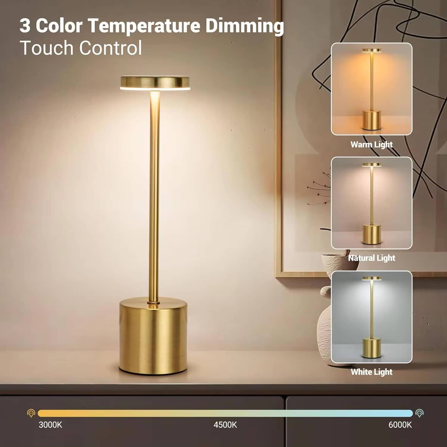 Luminária de Mesa de Metal Clássica com luzes LED e sensor de toque recarregável