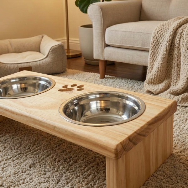 Comedouro Elevado Duplo com Potes Inox e Base em Pinus para Cachorro e Gato