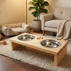 Comedouro Elevado Duplo com Potes Inox e Base em Pinus para Cachorro e Gato