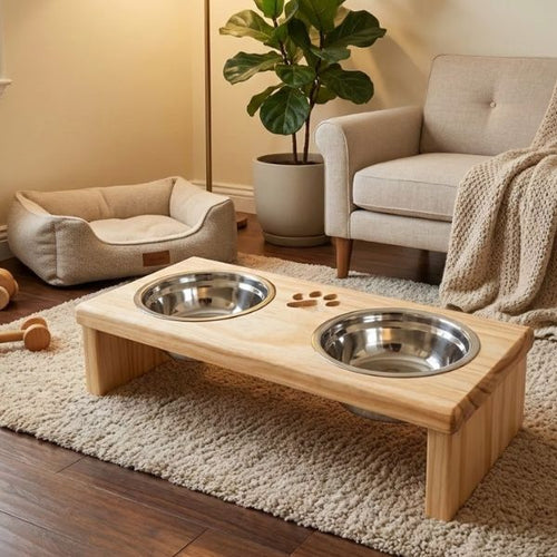 Comedouro Elevado Duplo com Potes Inox e Base em Pinus para Cachorro e Gato