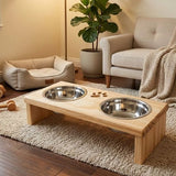Comedouro Elevado Duplo com Potes Inox e Base em Pinus para Cachorro e Gato
