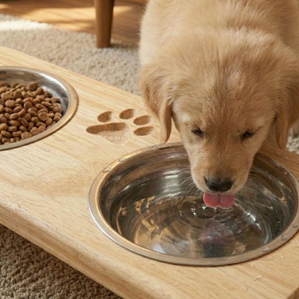 Comedouro Elevado Duplo com Potes Inox e Base em Pinus para Cachorro e Gato