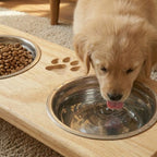 Comedouro Elevado Duplo com Potes Inox e Base em Pinus para Cachorro e Gato
