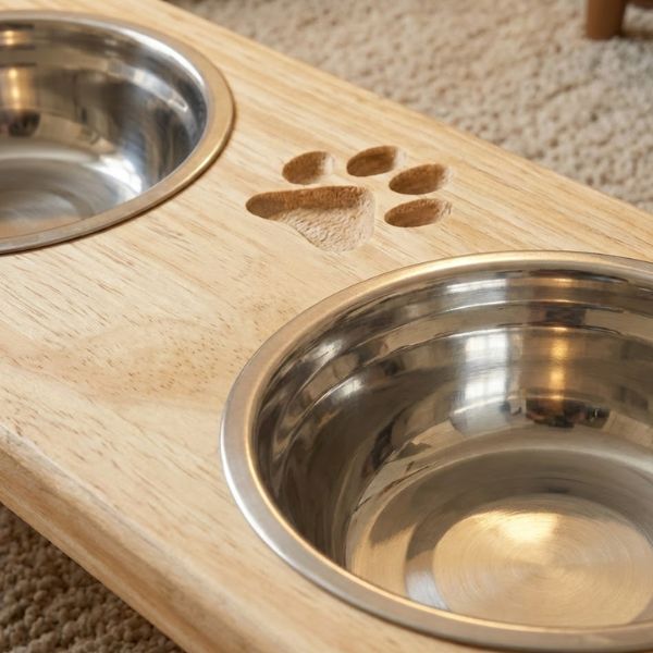 Comedouro Elevado Duplo com Potes Inox e Base em Pinus para Cachorro e Gato