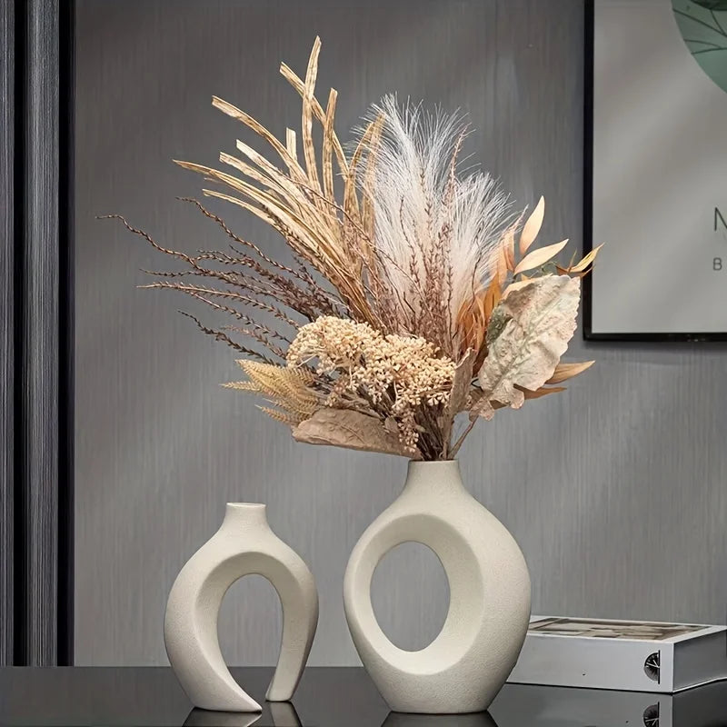 Conjunto de 2 vasos de flores ocos estilo boho modernos em cerâmica
