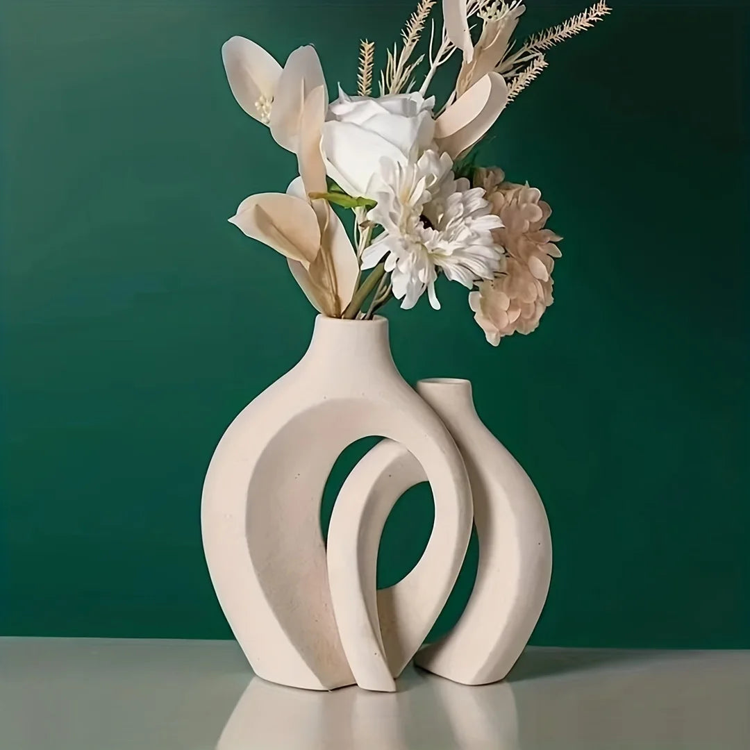 Conjunto de 2 vasos de flores ocos estilo boho modernos em cerâmica