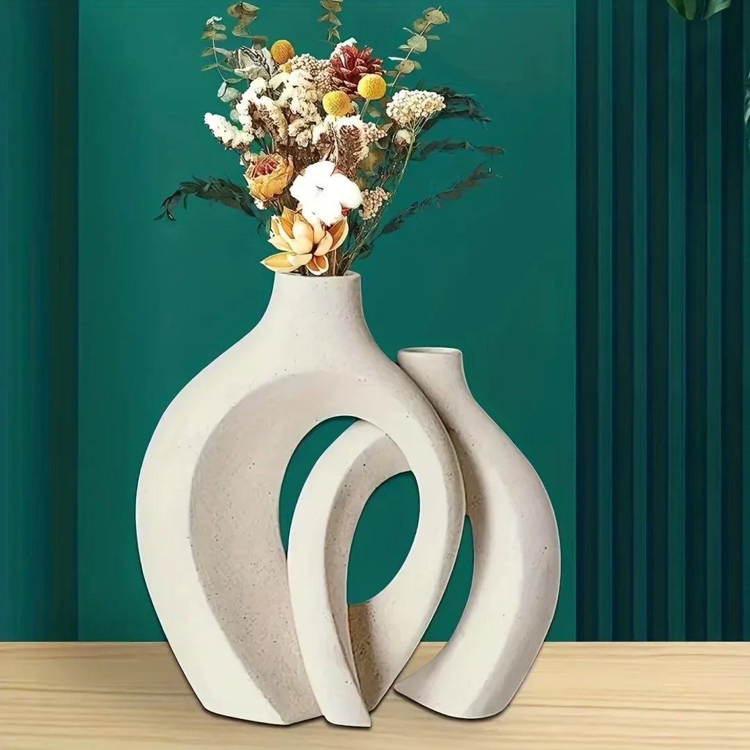 Conjunto de 2 vasos de flores ocos estilo boho modernos em cerâmica