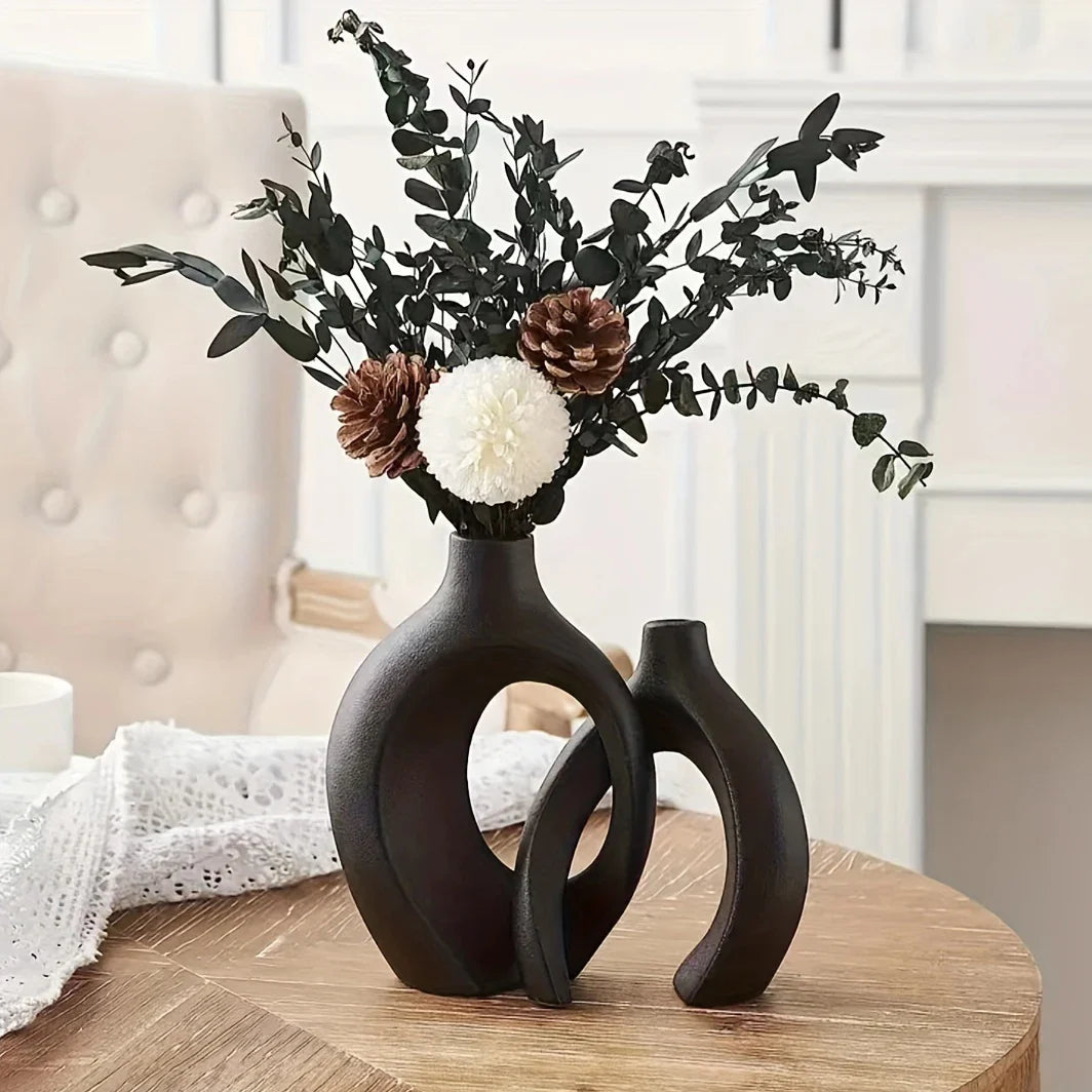 Conjunto de 2 vasos de flores ocos estilo boho modernos em cerâmica