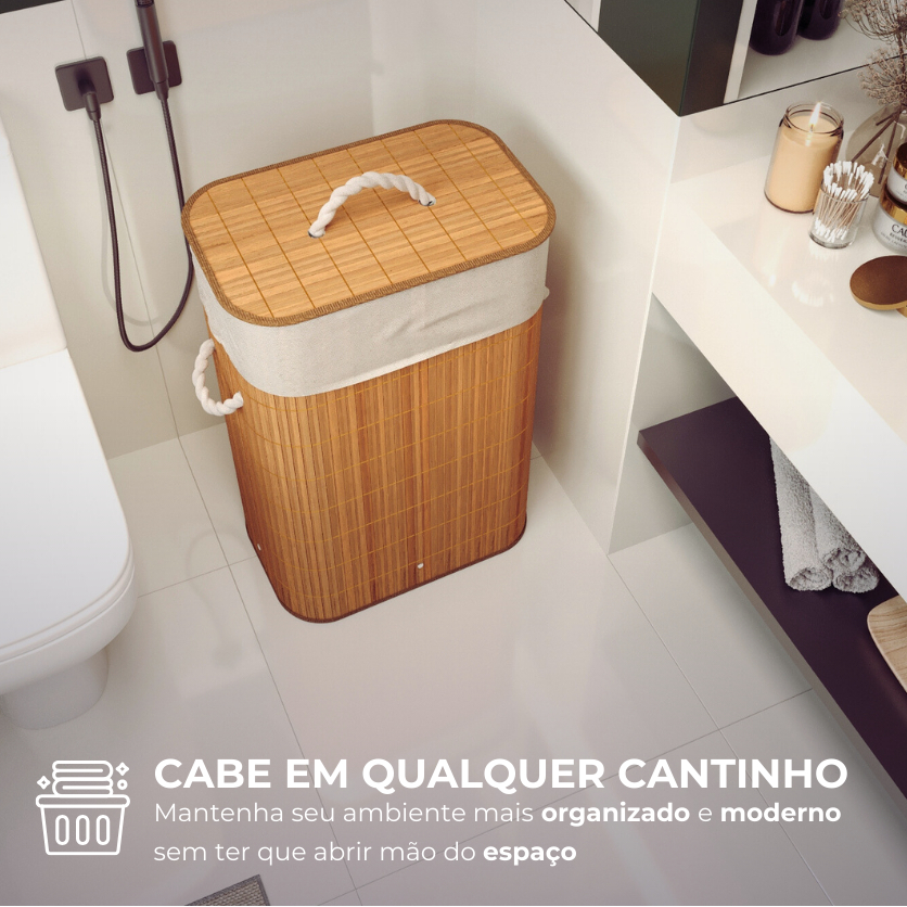 Cesto de Roupa em Bambu 60/72L com Tampa e Forro Interno