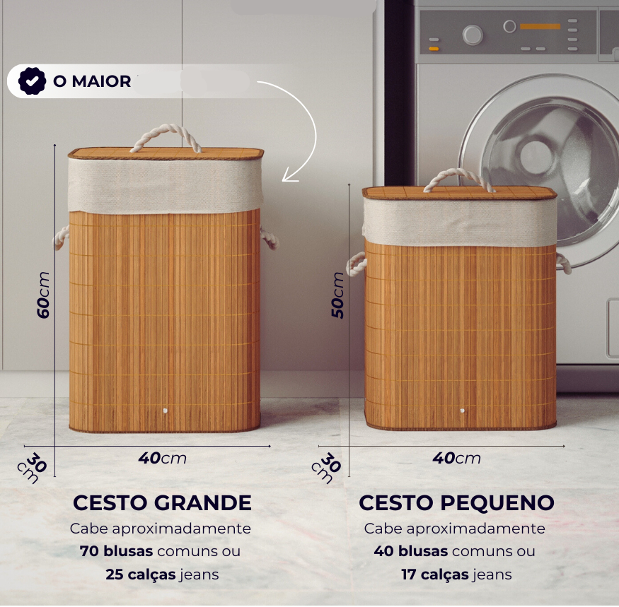 Cesto de Roupa em Bambu 60/72L com Tampa e Forro Interno