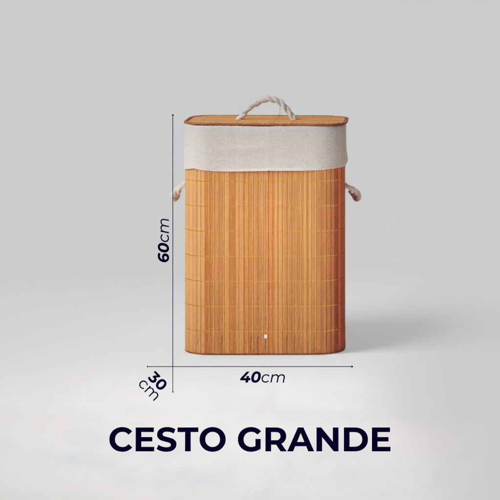 Cesto de Roupa em Bambu 60/72L com Tampa e Forro Interno