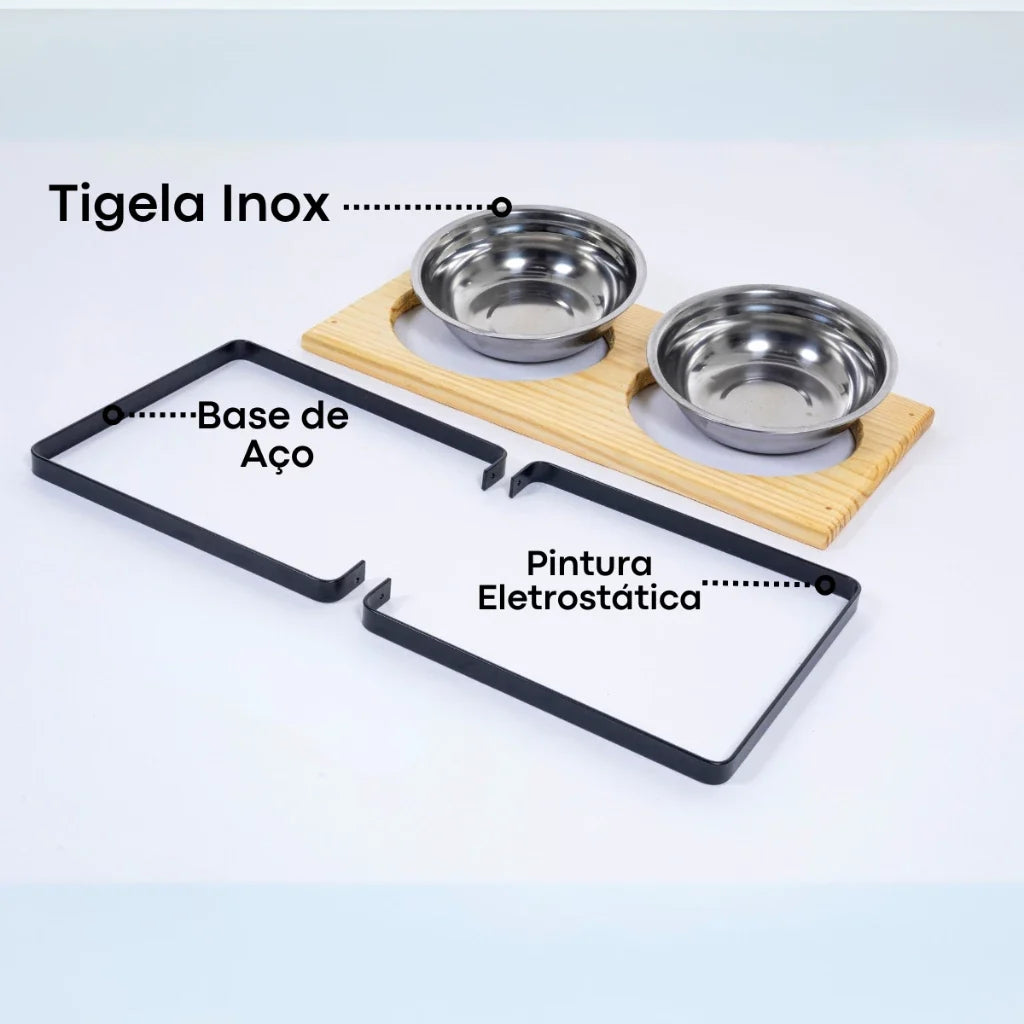 Suporte Duplo Elevado com Potes Inox para Cachorro e Gato – Base em Madeira Envernizada e Pés de Aço