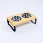 Suporte Duplo Elevado com Potes Inox para Cachorro e Gato – Base em Madeira Envernizada e Pés de Aço