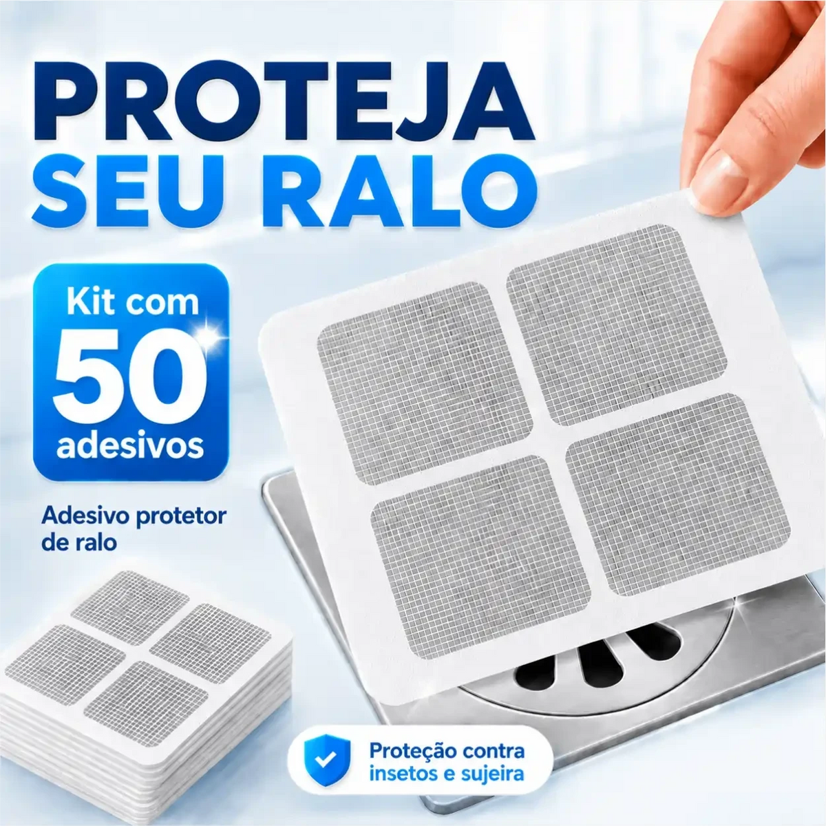 Kit com 50 adesivos protetores de ralo Decoricasa de microfibra branca para bloquear insetos e evitar entupimentos.