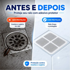 Comparativo Decoricasa mostrando ralo sujo com insetos e ralo limpo protegido pelo adesivo RaloSeguro