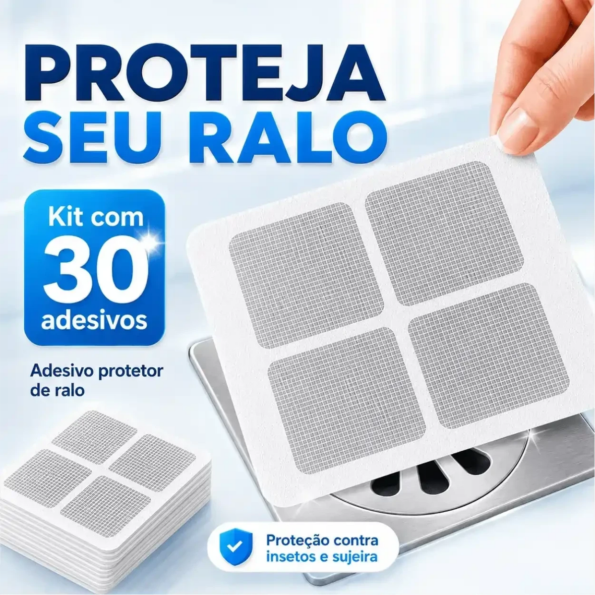Kit com 30 adesivos protetores de ralo Decoricasa, tela de microfibra branca para bloquear insetos e sujeira.