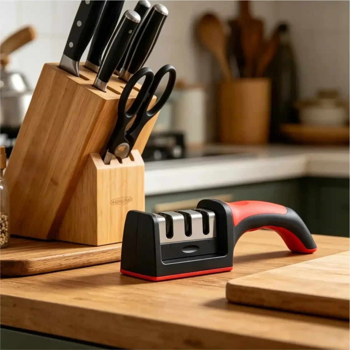 Afiador de facas Decoricasa de 3 estágios com cabo ergonômico vermelho e preto sobre bancada de madeira na cozinha.