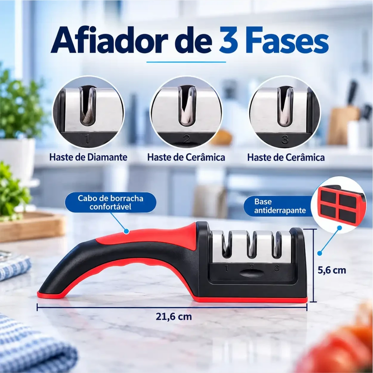 Afiador de facas Decoricasa de 3 estágios com cabo ergonômico vermelho, base antiderrapante e detalhes técnicos.