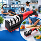 Afiador de facas Decoricasa de 3 estágios com cabo ergonômico vermelho e preto em cozinha familiar