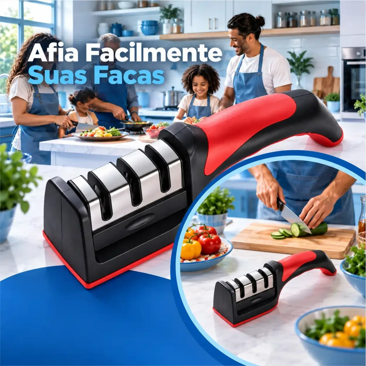 Afiador de facas Decoricasa de 3 estágios com cabo ergonômico vermelho e preto em cozinha familiar