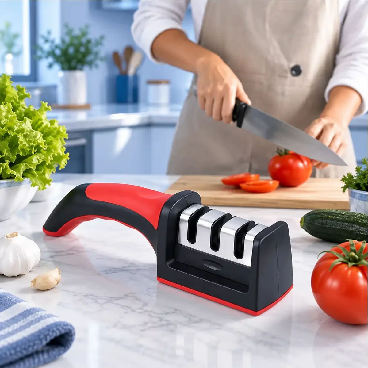 Afiador de facas Decoricasa de 3 estágios com cabo ergonômico vermelho e preto em bancada de cozinha com tomate