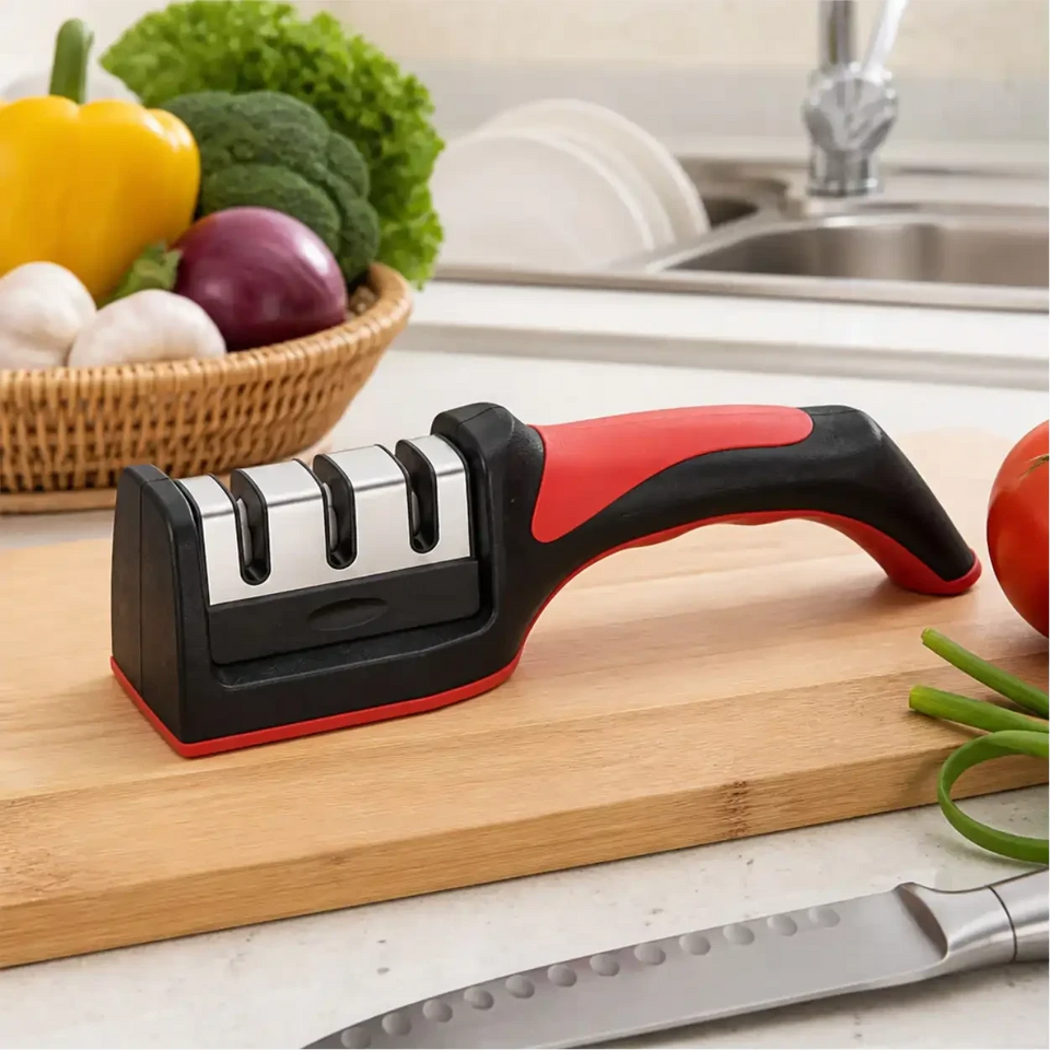 Afiador de facas Decoricasa de 3 estágios com cabo ergonômico vermelho e preto sobre tábua de madeira na cozinha
