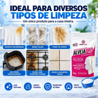 Infográfico Decoricasa mostrando a eficácia do alvejante OxiPro em roupas, air fryer, fogão e rejuntes encardidos.