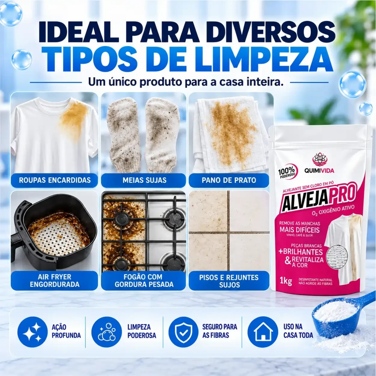 Infográfico Decoricasa mostrando a eficácia do alvejante OxiPro em roupas, air fryer, fogão e rejuntes encardidos.