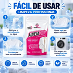 Infográfico Decoricasa mostrando passo a passo como usar o alvejante em pó OxiPro para limpeza profunda de tecidos