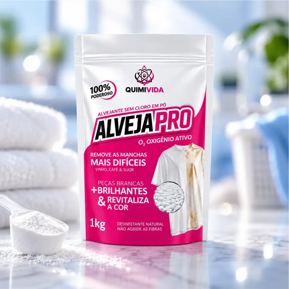 Embalagem do alvejante em pó Decoricasa AlvejaPro com oxigênio ativo, ideal para remover manchas difíceis em tecidos.