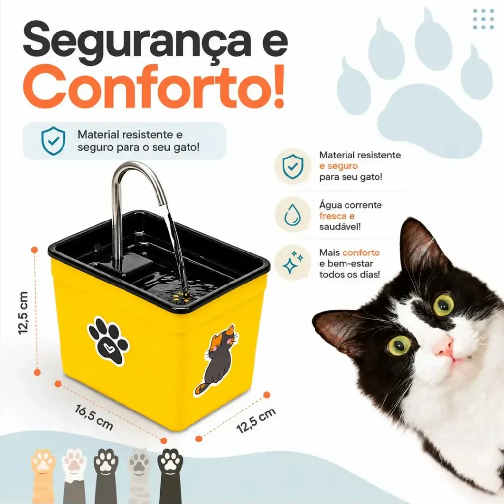 Fonte de água Decoricasa AquaPet Pro amarela com torneira para gatos e cães, exibindo dimensões e um gato ao lado