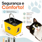 Fonte de água Decoricasa AquaPet Pro amarela com torneira para gatos e cães, exibindo dimensões e um gato ao lado