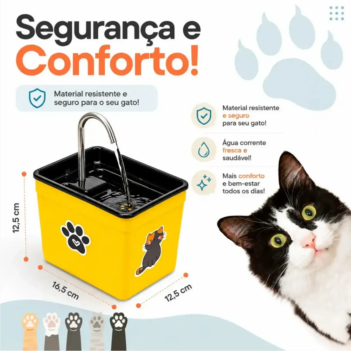 Fonte de água Decoricasa AquaPet Pro amarela com torneira para gatos e cães, exibindo dimensões e um gato ao lado