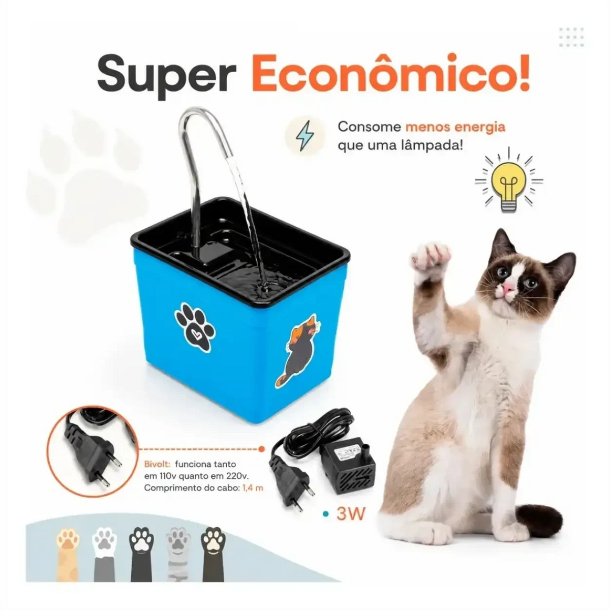 Fonte de água Decoricasa azul para pets com gato ao lado, destacando economia de energia e motor silencioso de 3W.