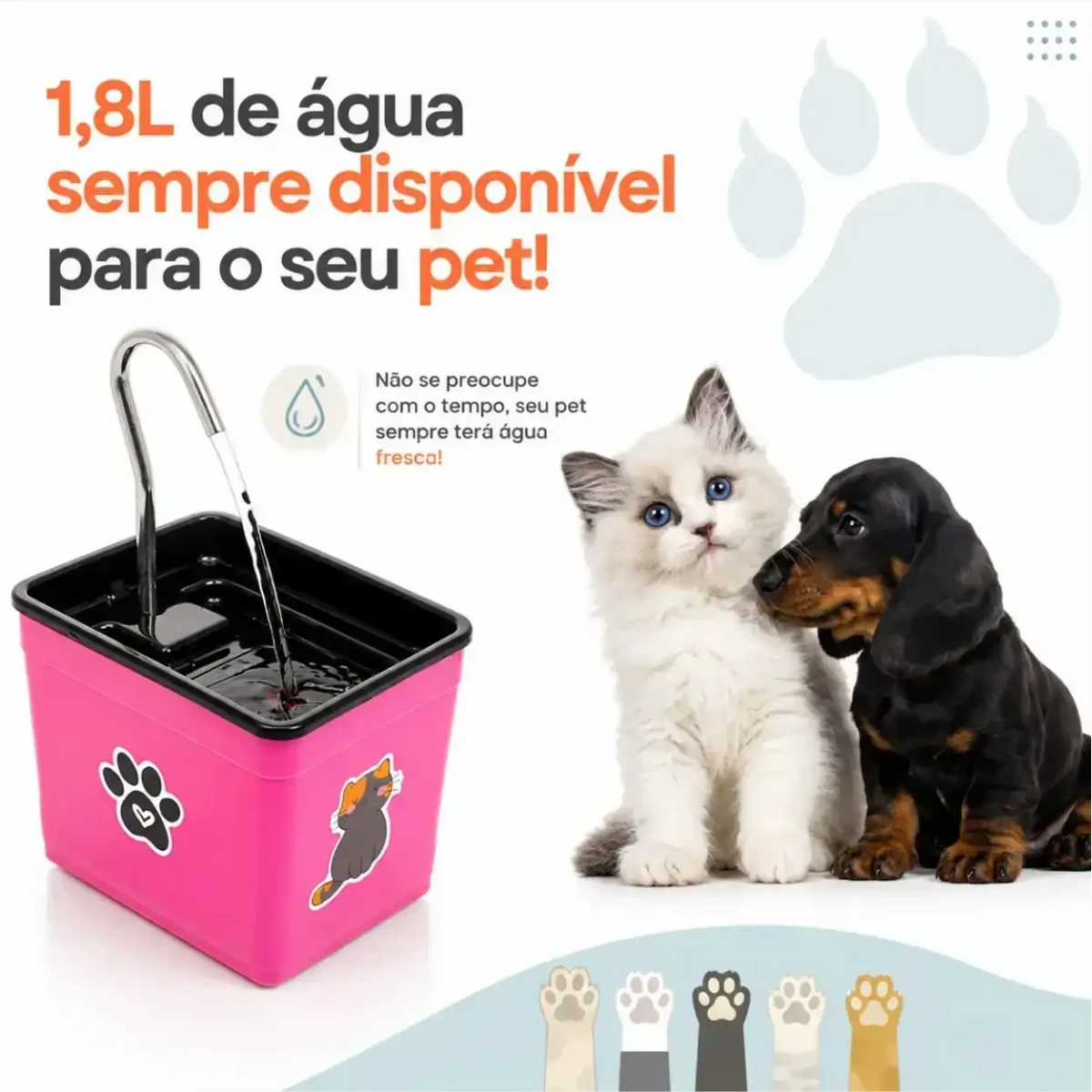 Bebedouro fonte Decoricasa AquaPet Pro rosa de 1,8L com gatinho e cachorrinho ao lado