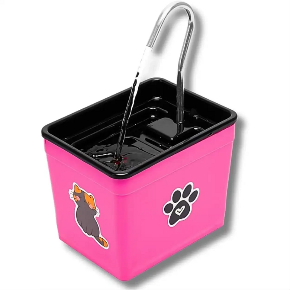 Bebedouro fonte Decoricasa AquaPet Pro rosa com torneira de água corrente e adesivos de gato e pata para pets