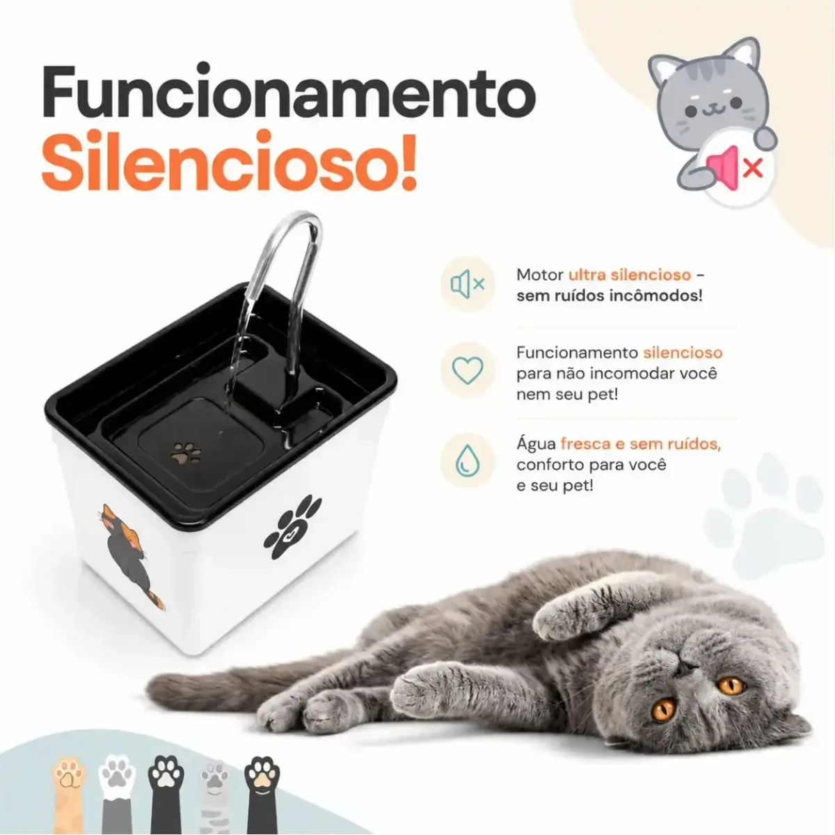 Fonte de água Decoricasa AquaPet Pro branca com torneira de metal e gato deitado ao lado, design silencioso