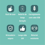 Infográfico Decoricasa destacando benefícios da bola elétrica para gatos como carregamento USB e material resistente.