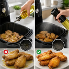 Comparação Decoricasa mostrando uso de óleo em air fryer com borrifador spray para névoa fina e uniforme