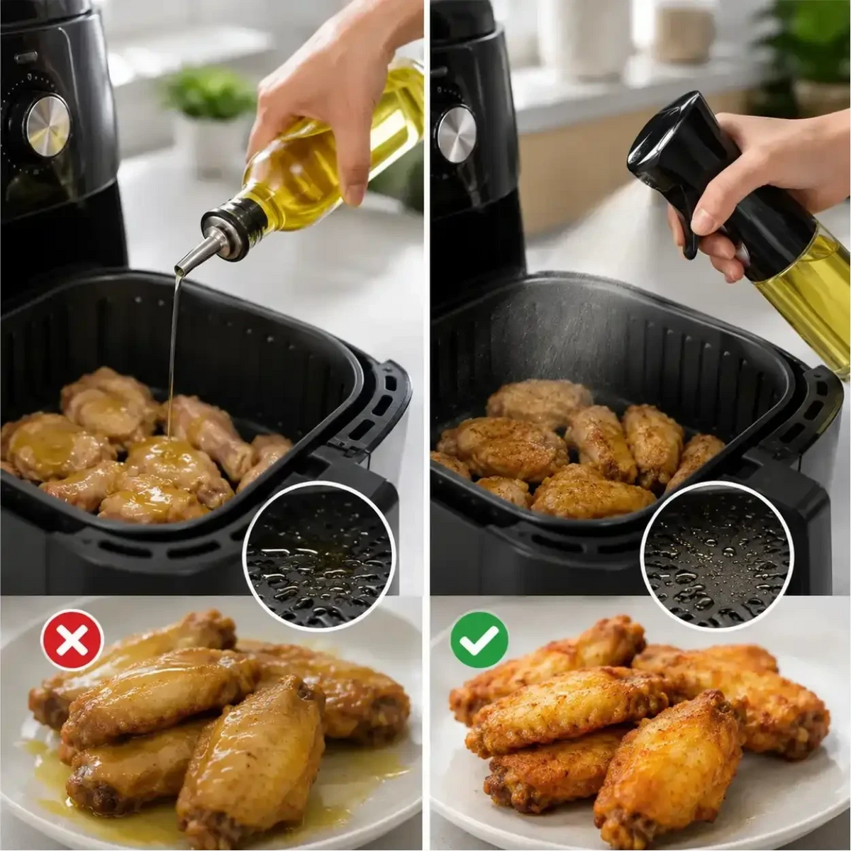 Comparação Decoricasa mostrando uso de óleo em air fryer com borrifador spray para névoa fina e uniforme