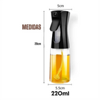 Borrifador de óleo Decoricasa de 220ml com design ergonômico preto e recipiente de vidro transparente com medidas