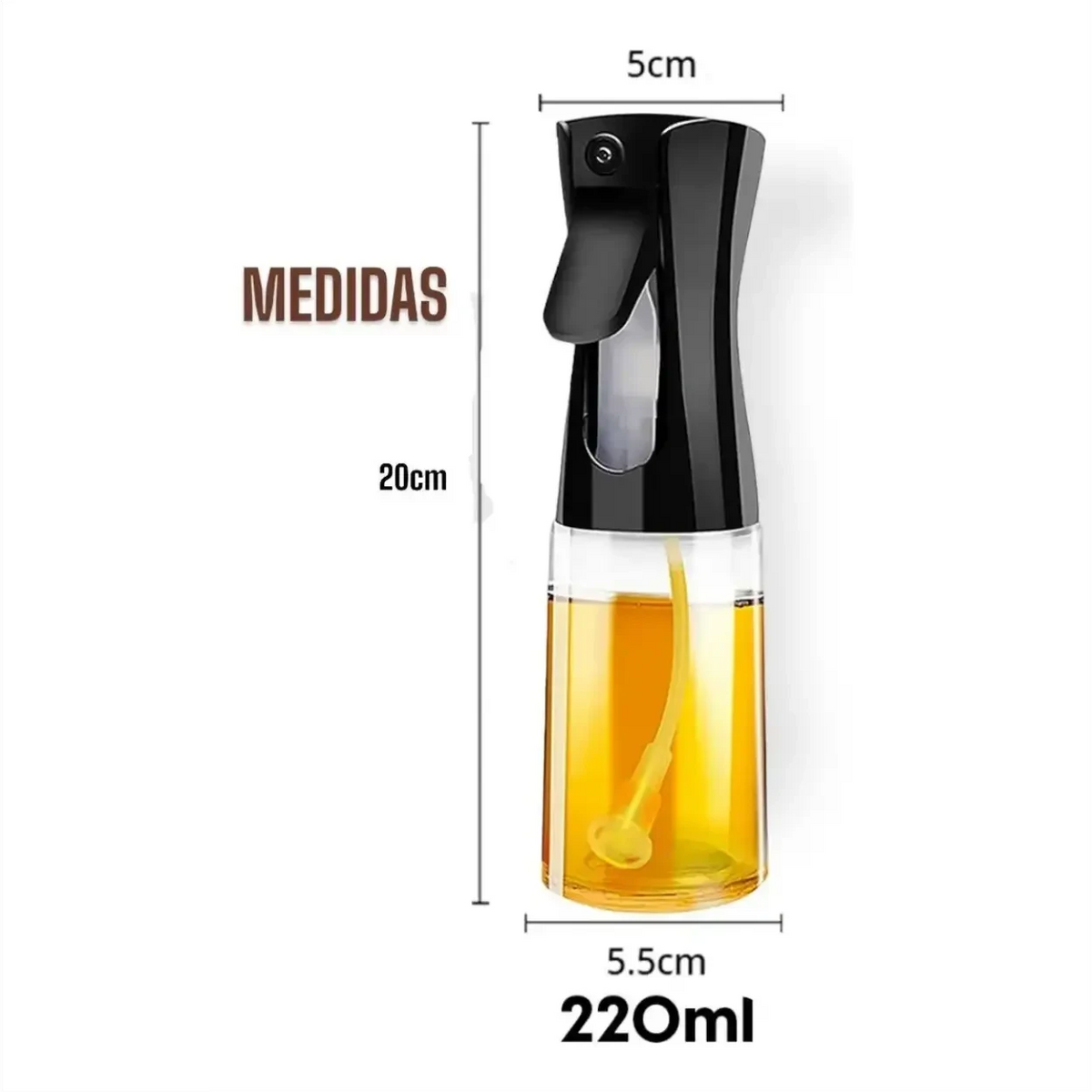 Borrifador de óleo Decoricasa de 220ml com design ergonômico preto e recipiente de vidro transparente com medidas