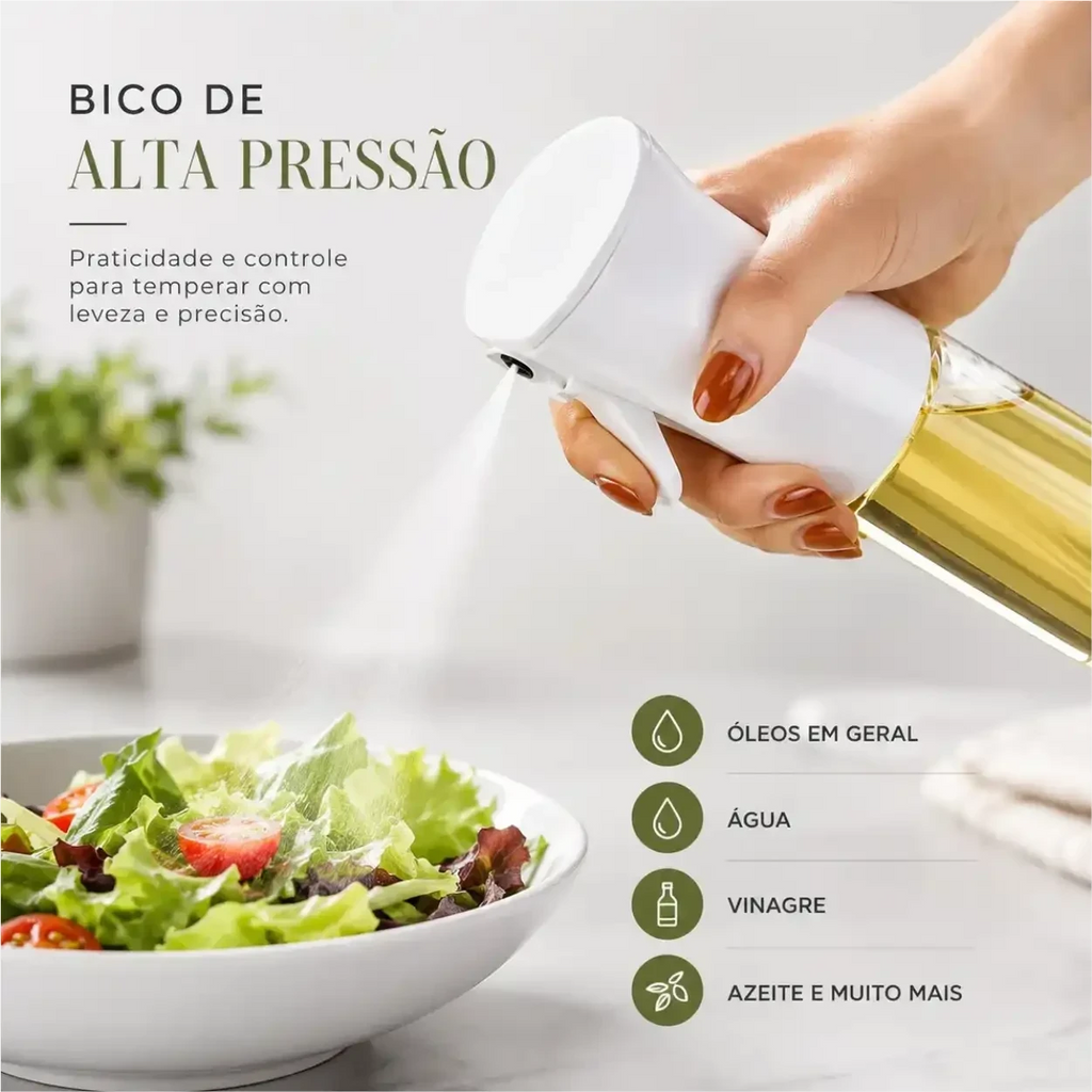 Borrifador de óleo Decoricasa branco em spray criando névoa fina sobre salada para temperar com precisão