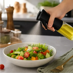Borrifador de óleo Decoricasa borrifando névoa fina de azeite sobre uma salada fresca em uma cozinha moderna