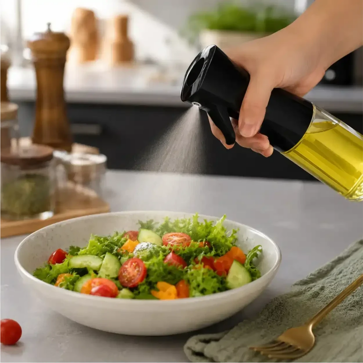 Borrifador de óleo Decoricasa borrifando névoa fina de azeite sobre uma salada fresca em uma cozinha moderna