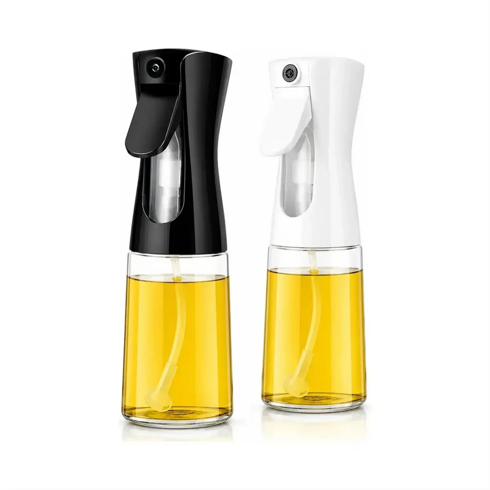 Borrifador de óleo Decoricasa em spray, disponível nas cores preta e branca, com design ergonômico e frasco de vidro.