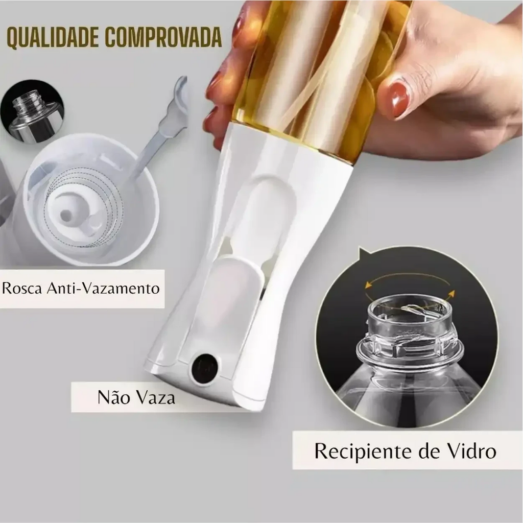 Borrifador de óleo Decoricasa com recipiente de vidro, gatilho ergonômico branco e sistema anti-vazamento.