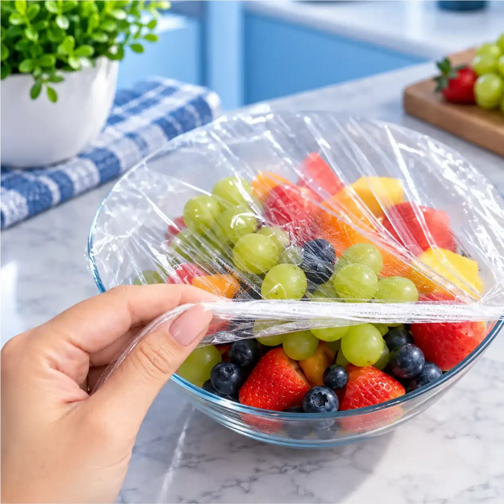 Mão cobrindo tigela de frutas com capa elástica reutilizável Fresh Cap da Decoricasa para vedação prática