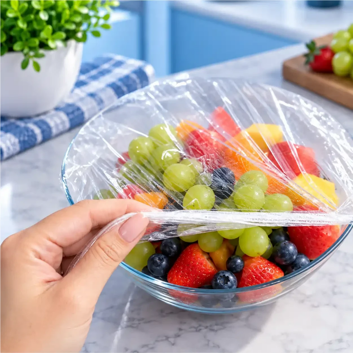 Mão cobrindo tigela de frutas com capa elástica reutilizável Fresh Cap da Decoricasa para vedação prática