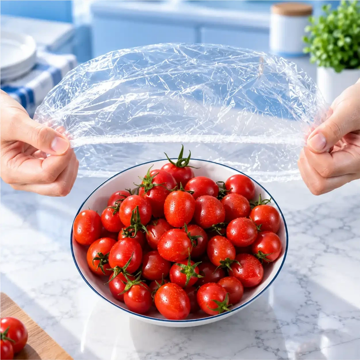 Decoricasa Fresh Cap elástica transparente sendo colocada sobre uma tigela de tomates frescos na cozinha